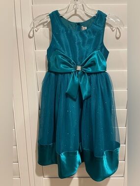 emily west Teal Satin Bow Tulle Sparkle Dress size 8